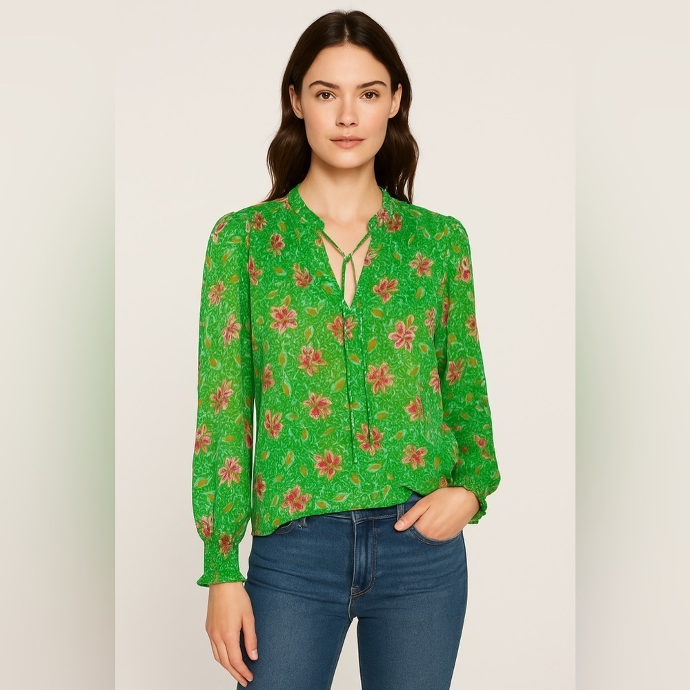 Joie Green Floral Long Sleeve Blouse Women’s Size M